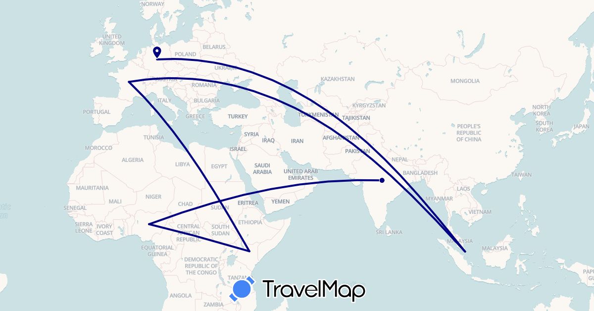 TravelMap itinerary: driving in Germany, France, India, Kenya, Nigeria, Singapore (Africa, Asia, Europe)